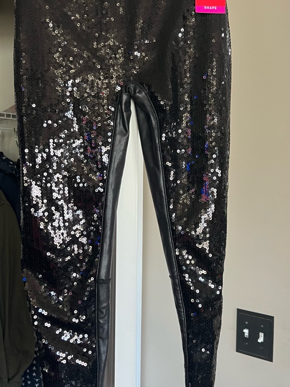 SPANX Black Sequin Leggings with Black Faux Leather Inner Panels